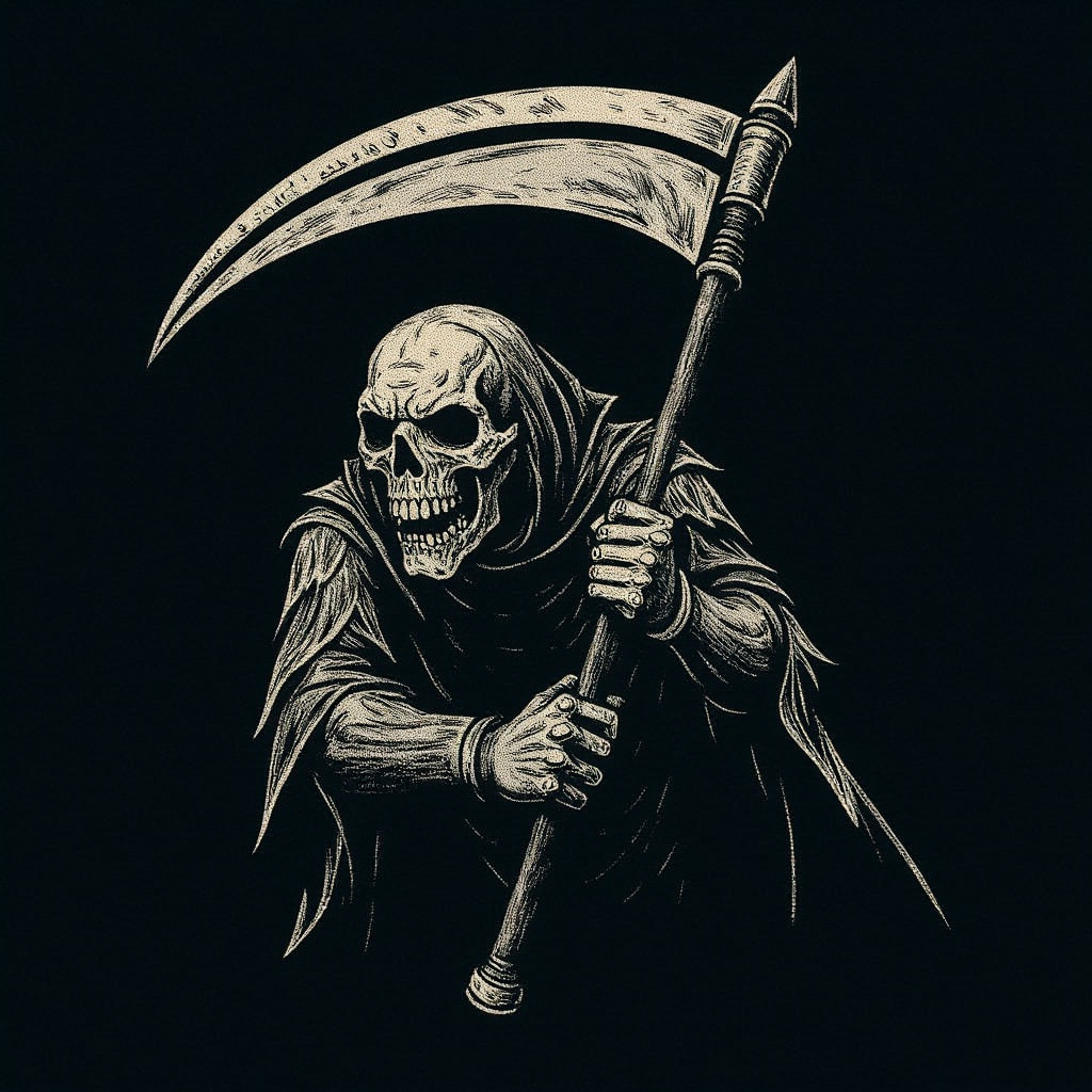 Hooded reaper with scythe illustration